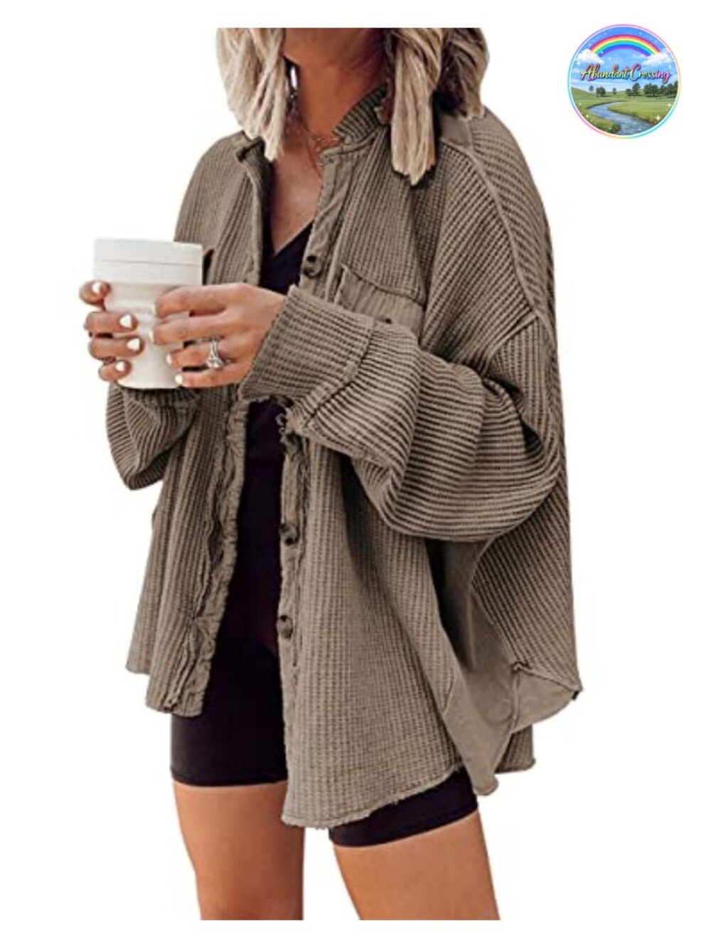 Women's Waffle Knit Batwing Sleeve Button Down Shirt Shacket